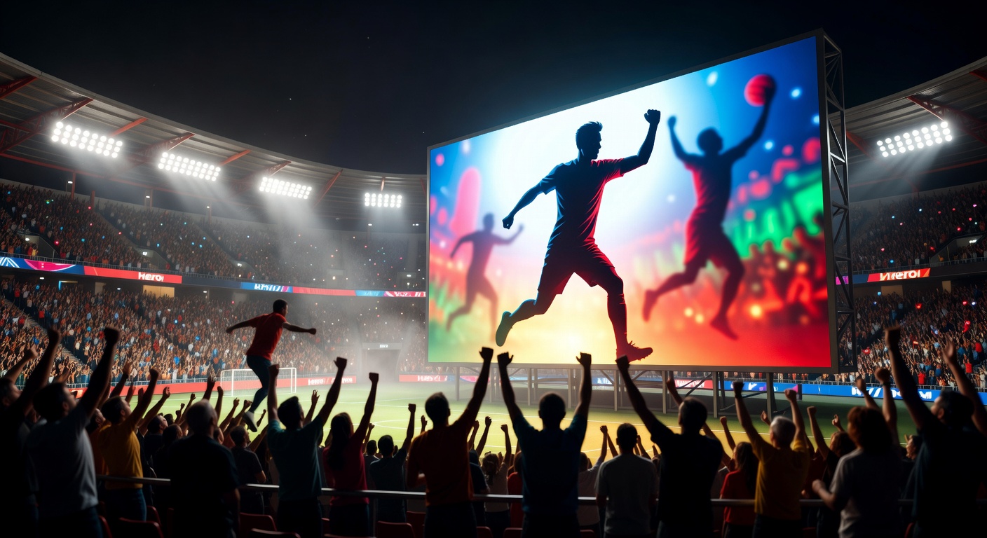 Vibrant stadium lights and cheering crowd silhouettes setting a sports arena atmosphere